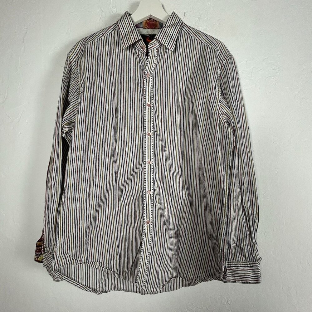 Robert Graham Mens Multicolor Striped Flip-Cuff Button-Up Shirt Medium Casual